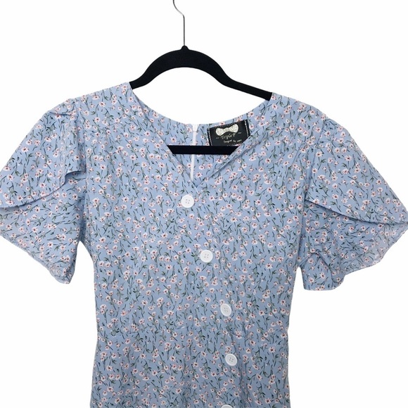 Blue Floral Mini Dress With Flutter Sleeves - Picture 4 of 7